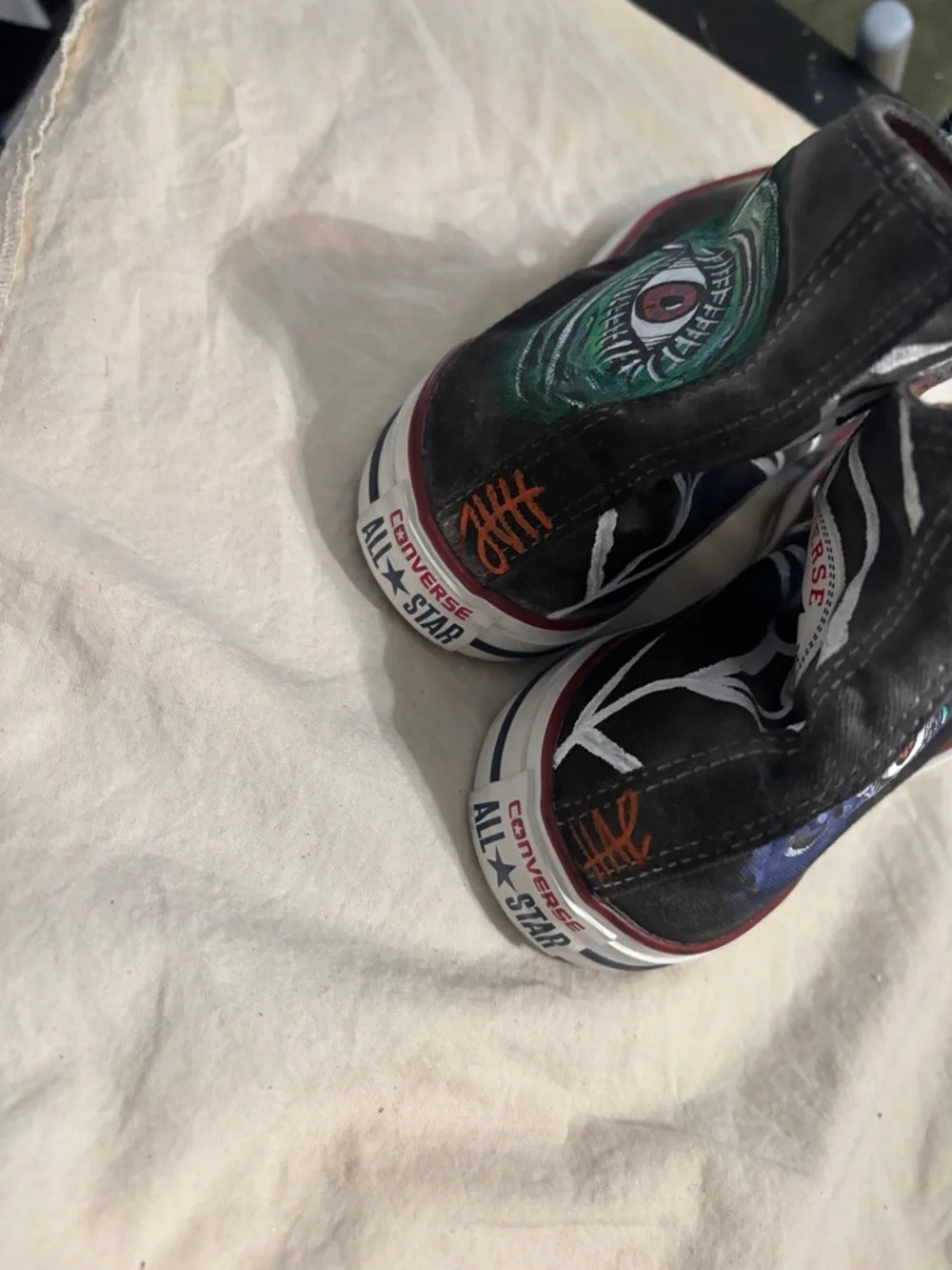 Converse Black High Top Sneakers with Hand-Painted Green & Blue Eye Art - Picture 4 of 6